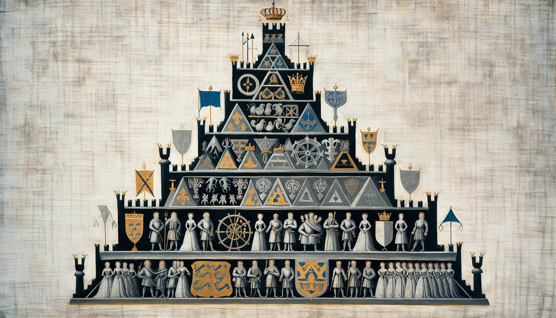 Grobe Ölmalerei einer Feudalherrschaftspyramide mit symbolischen Gegenständen auf hellem Leinenhintergrund