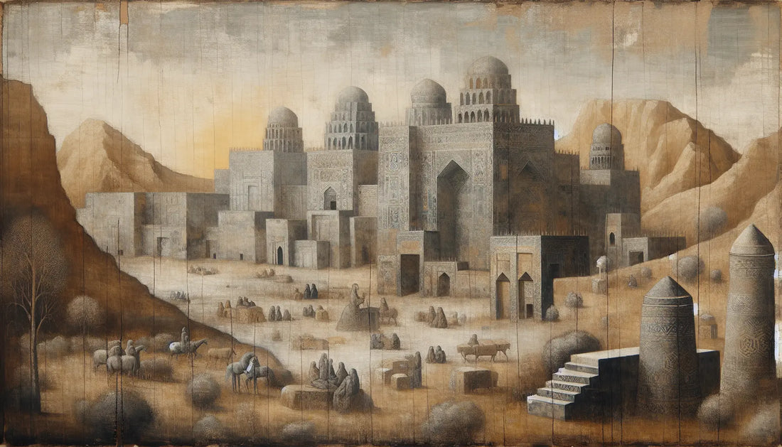 Frühmittelalterliche Architektur und Artefakte grob gemalt mit strukturiertem hellem Hintergrund