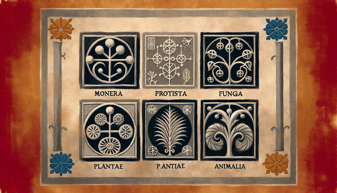 Fünf mittelalterliche Symbole für Monera Protista Pilze Pflanzen und Tiere auf hellem Leinenhintergrund