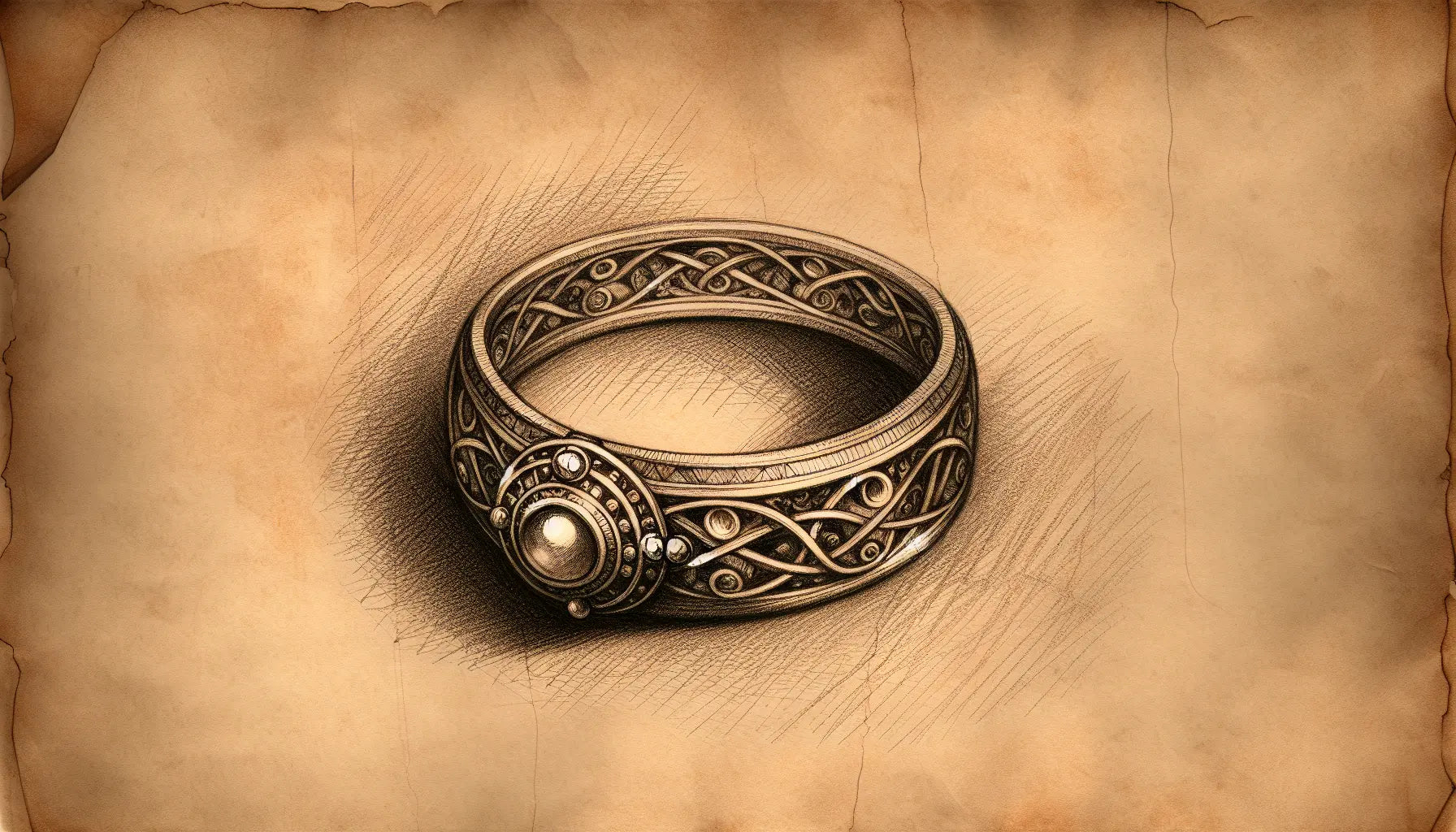 Skizze eines gypsyrings mit flush-fassung auf hellem pergamenthintergrund