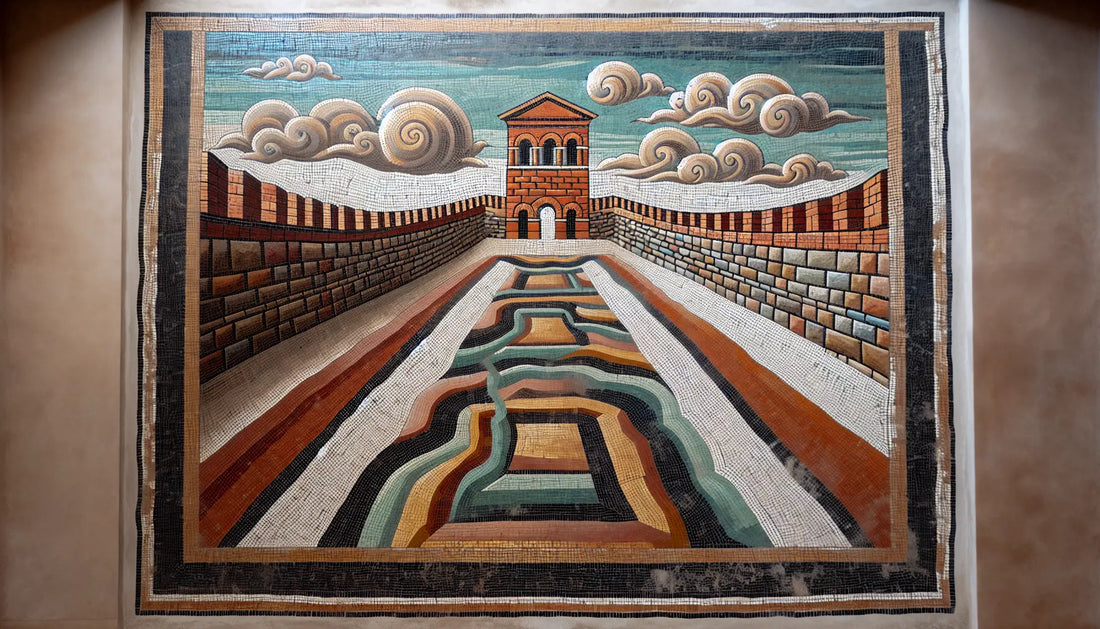 Römisches Bodenmosaik stilisierte Darstellung des Hadrianswalls in Rotbraun Ocker und Blau auf hellem Stein