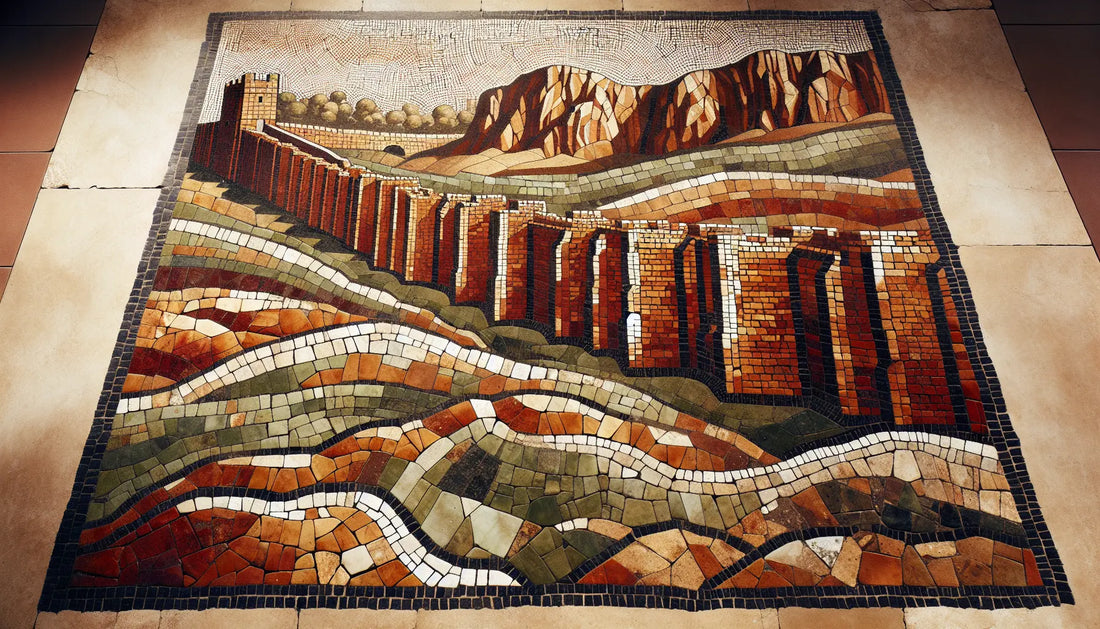 Historisches römisches Mosaik von Hadrianswall in Rotbraun und Ocker auf hellem steinartigem Hintergrund