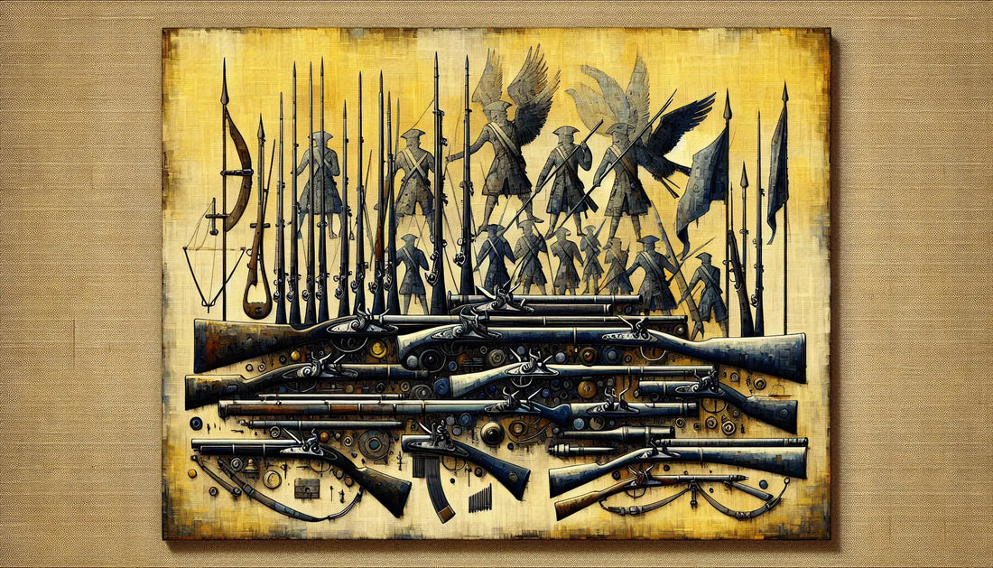 Muskets and pikes in medieval oil style on warm textured background symbolizing early 1700s British battlefield