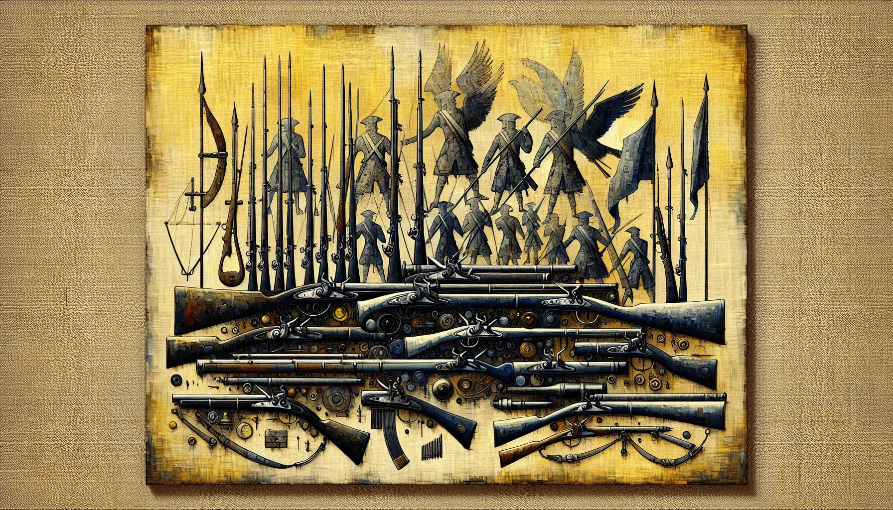 Muskets and pikes in medieval oil style on warm textured background symbolizing early 1700s British battlefield