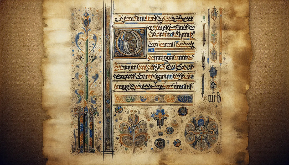 Fragment einer mittelalterlichen Buchseite mit dekorativen Elementen auf elfenbeinfarbenem Grund