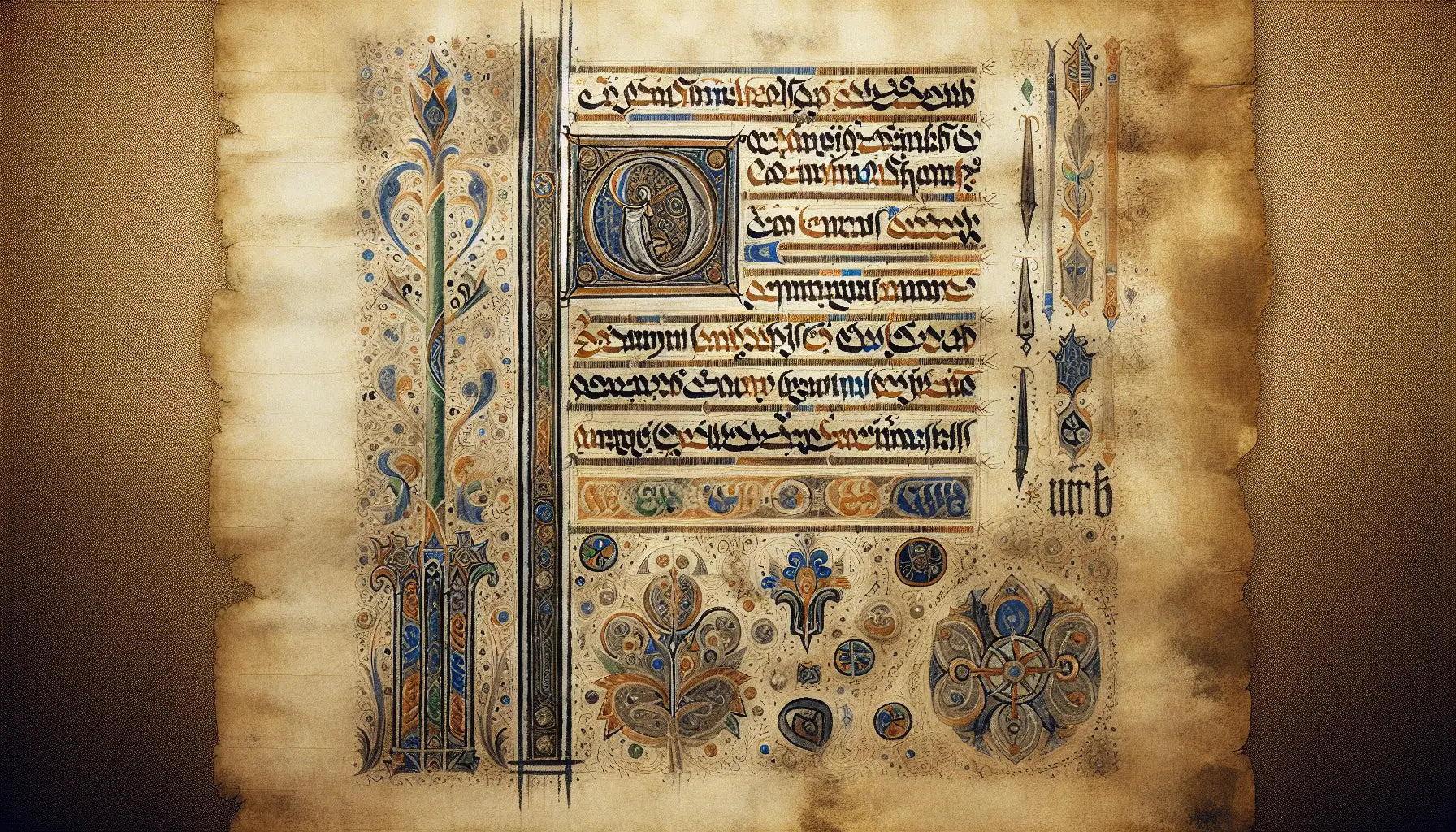 Fragment einer mittelalterlichen Buchseite mit dekorativen Elementen auf elfenbeinfarbenem Grund