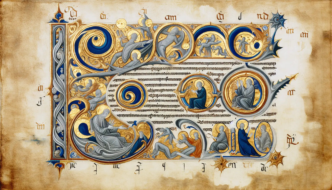 Illuminiertes Manuskriptfragment mit goldener Blattvergoldung auf strukturiertem Hintergrund