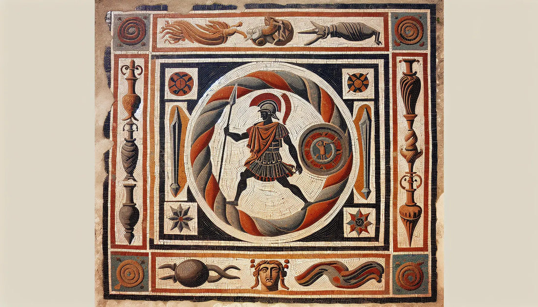 Römisches Mosaik mit imperialen und gladiatorischen Symbolen in Erdfarben auf hellem Stein