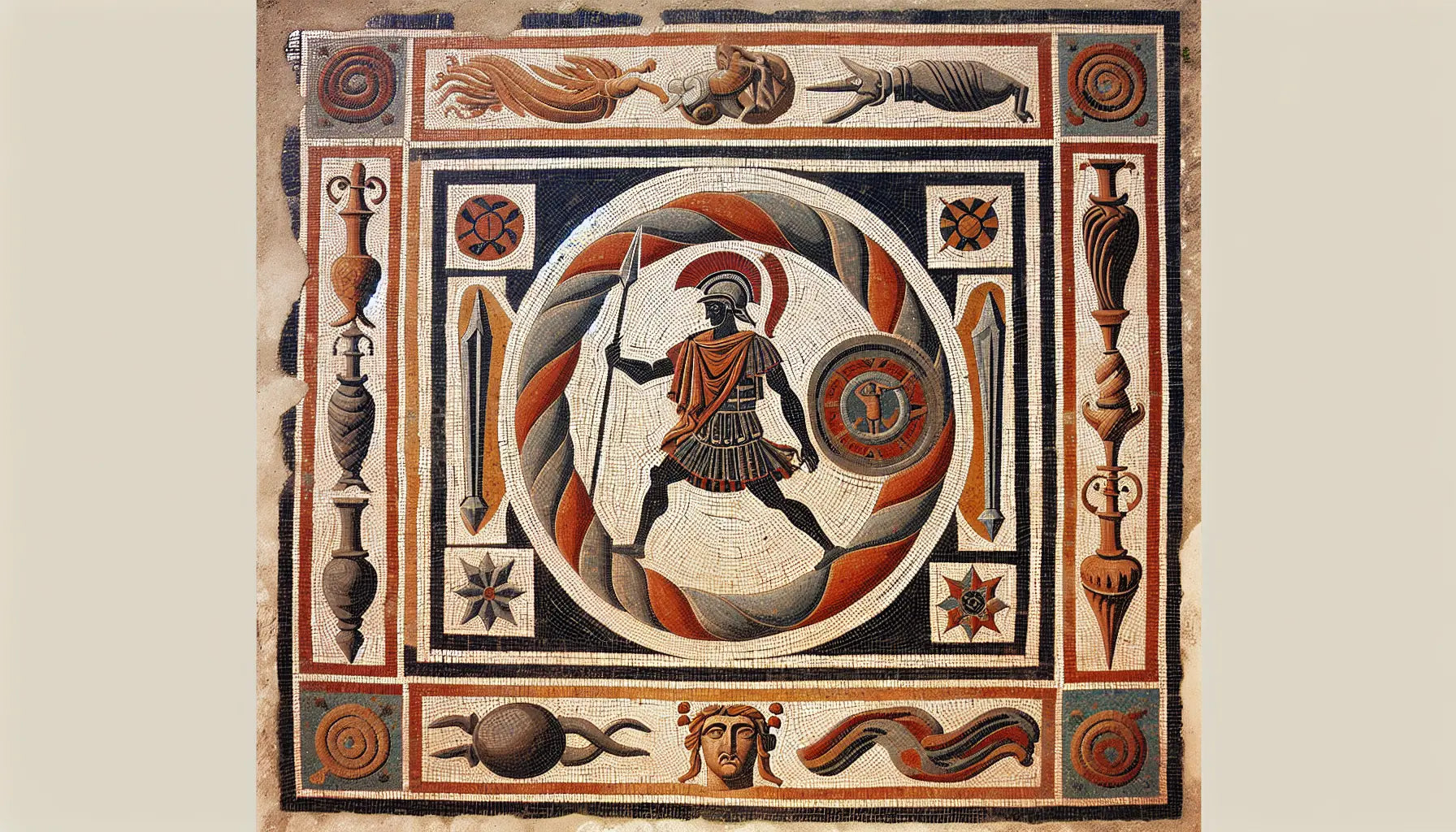 Römisches Mosaik mit imperialen und gladiatorischen Symbolen in Erdfarben auf hellem Stein