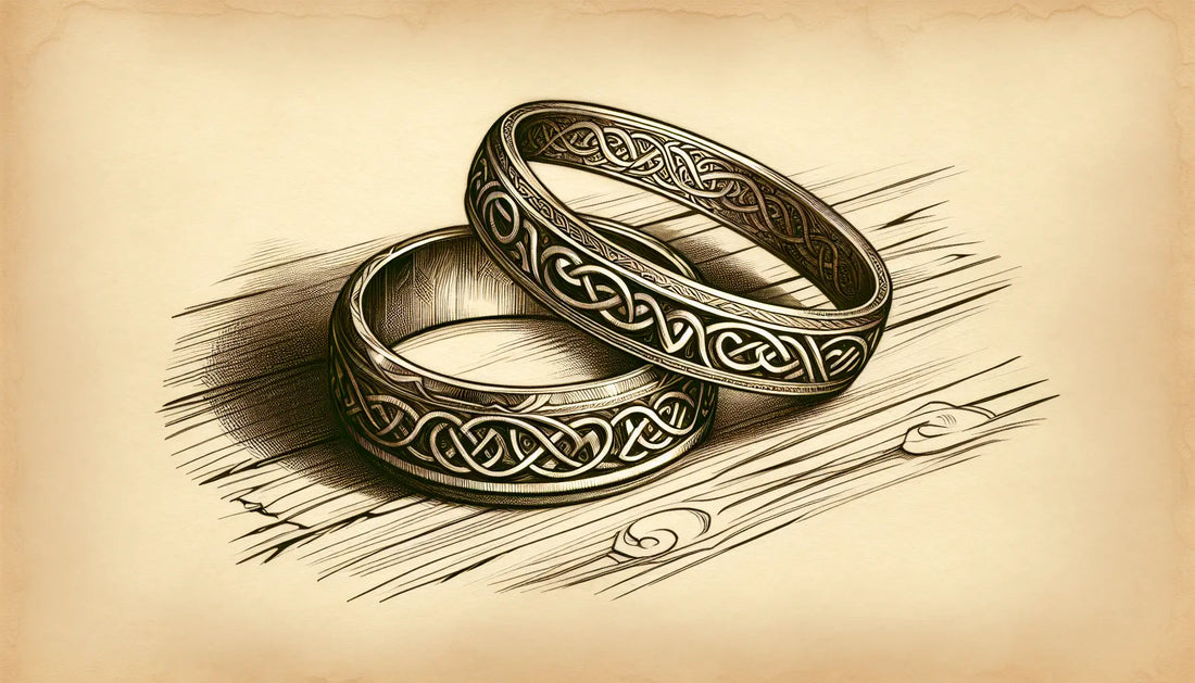 Einfacher irischer Ehering mit keltischen Mustern als Bleistiftskizze auf pergamentartigem Papier mit goldenen Akzenten