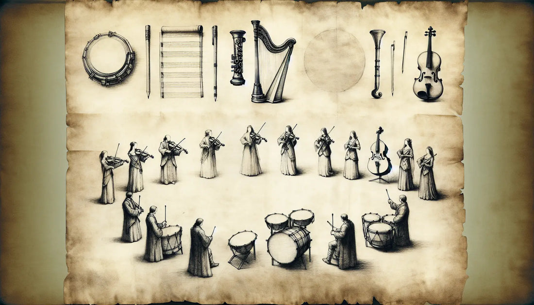 Technische Skizze traditioneller irischer Musikinstrumente auf Pergament im Renaissance Stil