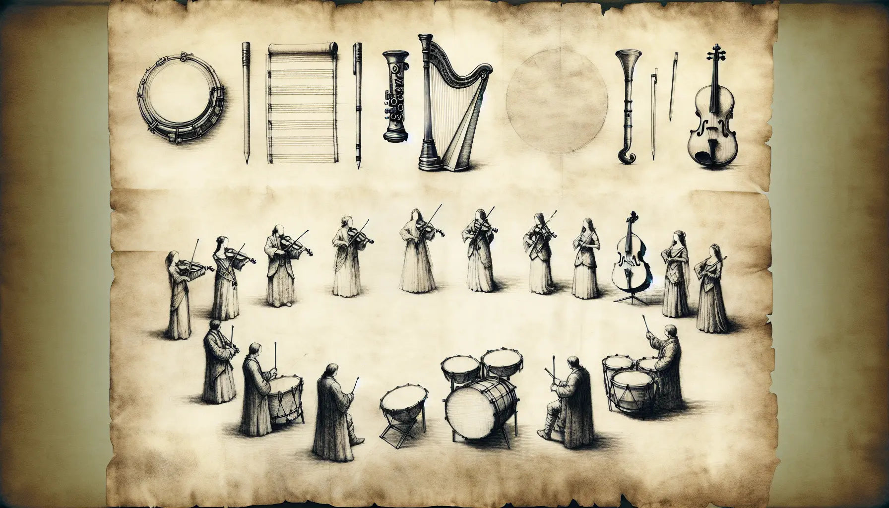 Technische Skizze traditioneller irischer Musikinstrumente auf Pergament im Renaissance Stil