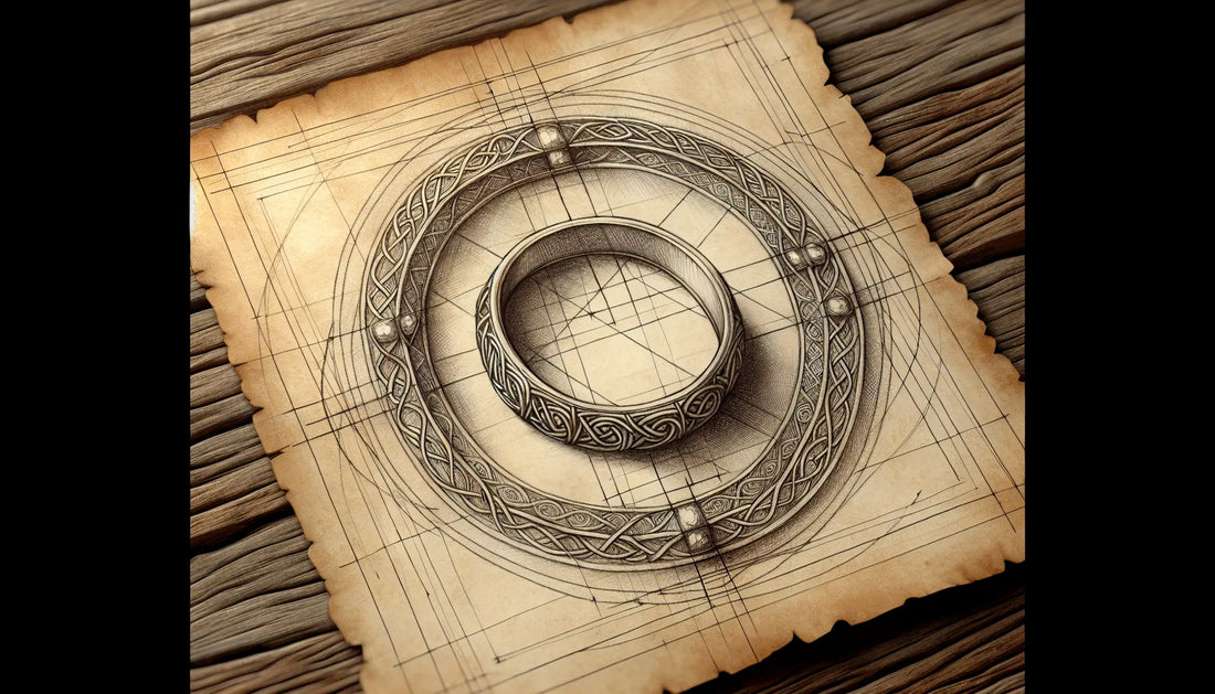 antiker keltischer diamantenring skizziert auf gealtertem pergament rustikaler holztisch