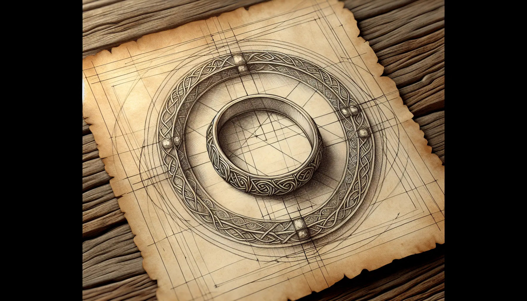 antiker keltischer diamantenring skizziert auf gealtertem pergament rustikaler holztisch
