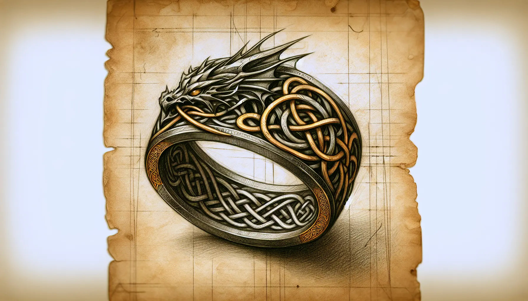 Skizze eines antiken keltischen Rings mit Drachenmotiv und Knotenmuster auf hellem pergamentartigem Hintergrund