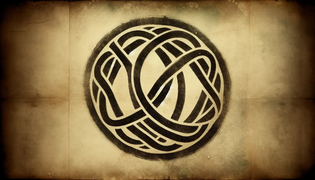 Keltischer Knoten auf antikem Stein als Bleistiftskizze mit goldenen Akzenten auf pergamentlichem Hintergrund