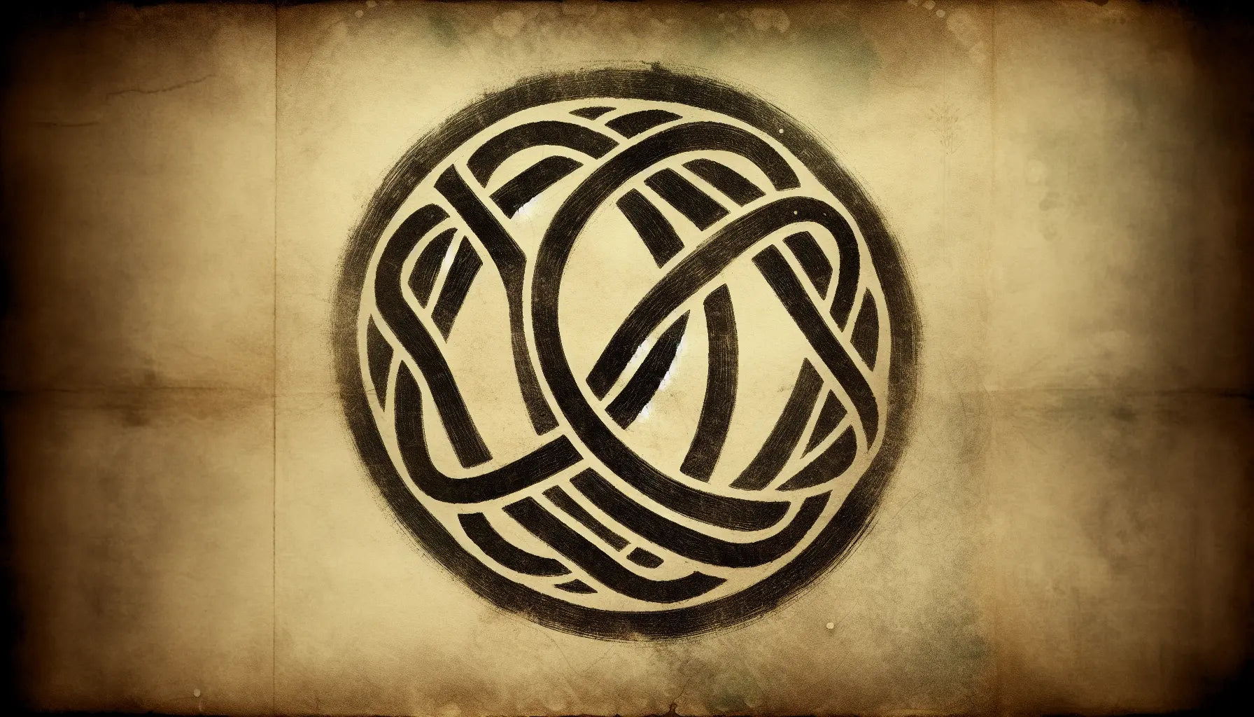 Keltischer Knoten auf antikem Stein als Bleistiftskizze mit goldenen Akzenten auf pergamentlichem Hintergrund