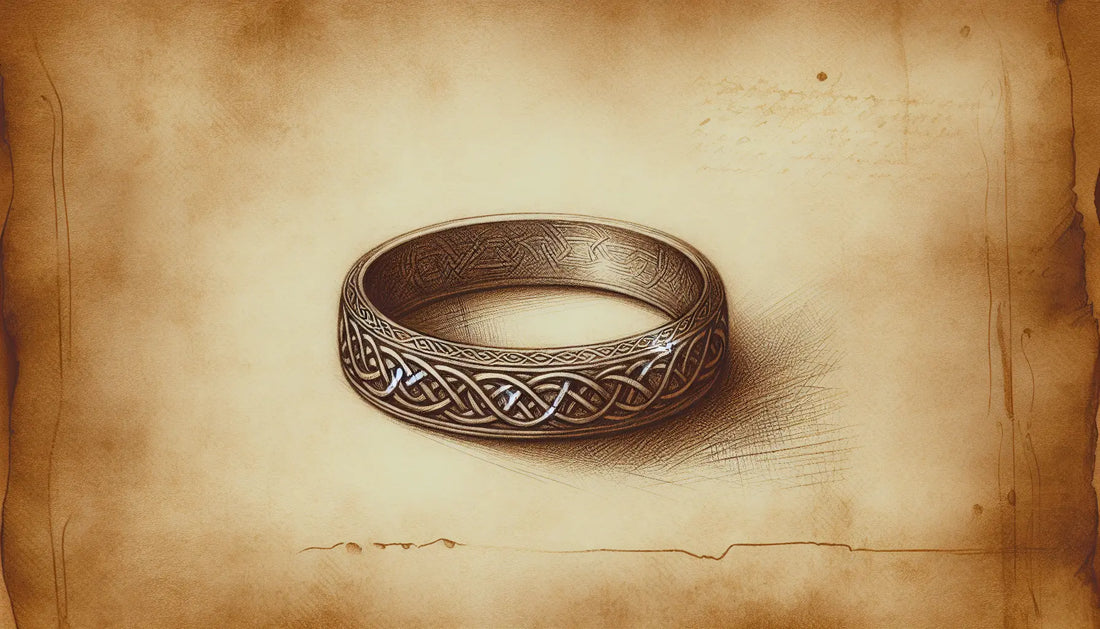 Keltischer Ring mit Knotenmuster als Bleistiftskizze auf pergamentartigem Hintergrund mit feinen goldenen Akzenten