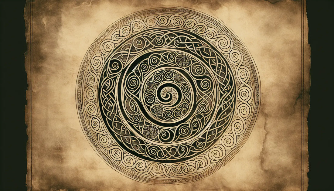 Antikes keltisches Manuskript mit spiralförmigen und knotigen Ornamenten als zeichnerische Skizze auf pergamentartigem Papier mit goldenen Akzenten