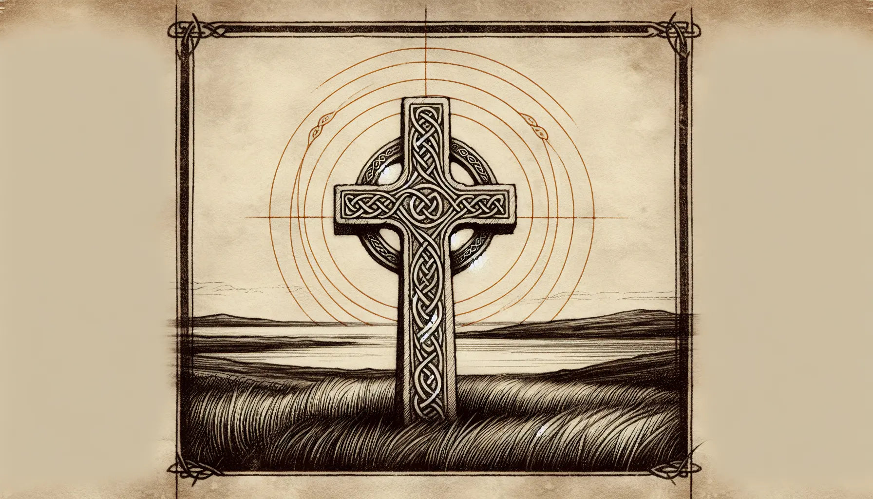 Keltisches steinernes Kreuz skizziert auf pergamentähnlichem Hintergrund mit feinen Goldakzenten