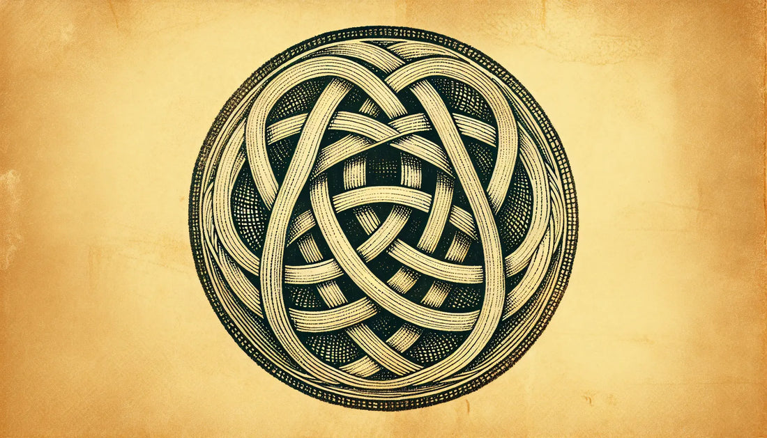 Keltisches Trinity Knot Symbol als feine Skizze auf pergamentartigem Hintergrund mit goldenen Akzenten