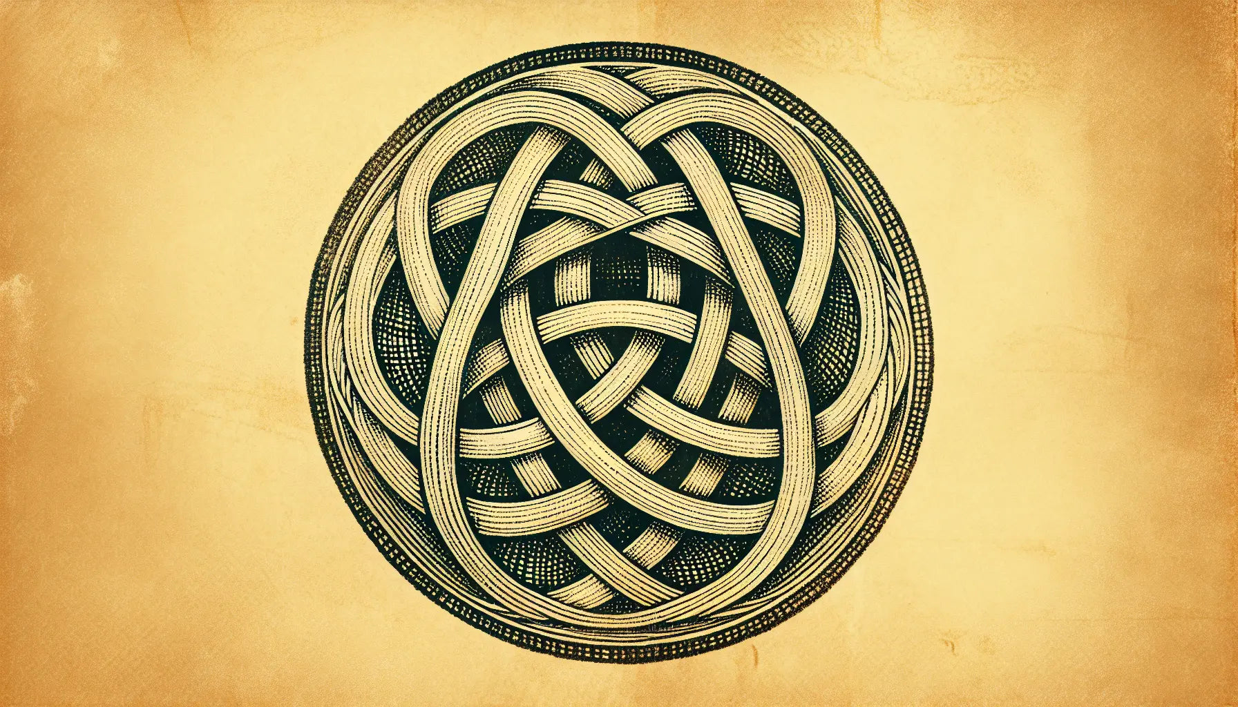 Keltisches Trinity Knot Symbol als feine Skizze auf pergamentartigem Hintergrund mit goldenen Akzenten