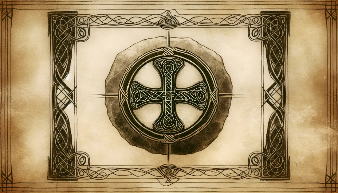 Keltisches zeremonielles Objekt mit steinen und bändern als zeichnung auf pergament