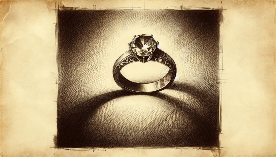 Klassischer Verlobungsring mit feinen Linien und goldener Fassung auf hellem pergamentartigem Grund