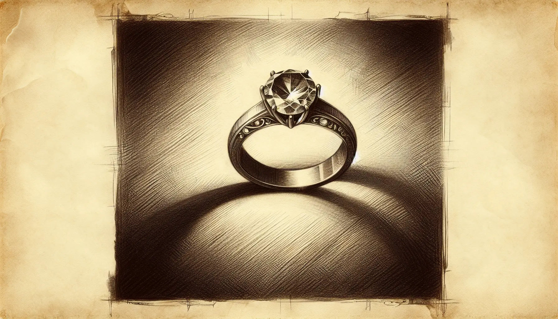 Klassischer Verlobungsring mit feinen Linien und goldener Fassung auf hellem pergamentartigem Grund