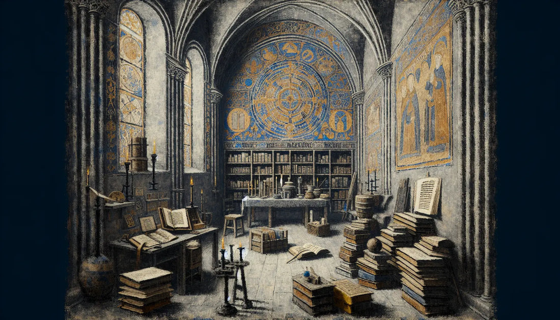 Mittelalterliches Klosterinterieur mit Manuskripten und einfachen Geräten in Ölmalerei