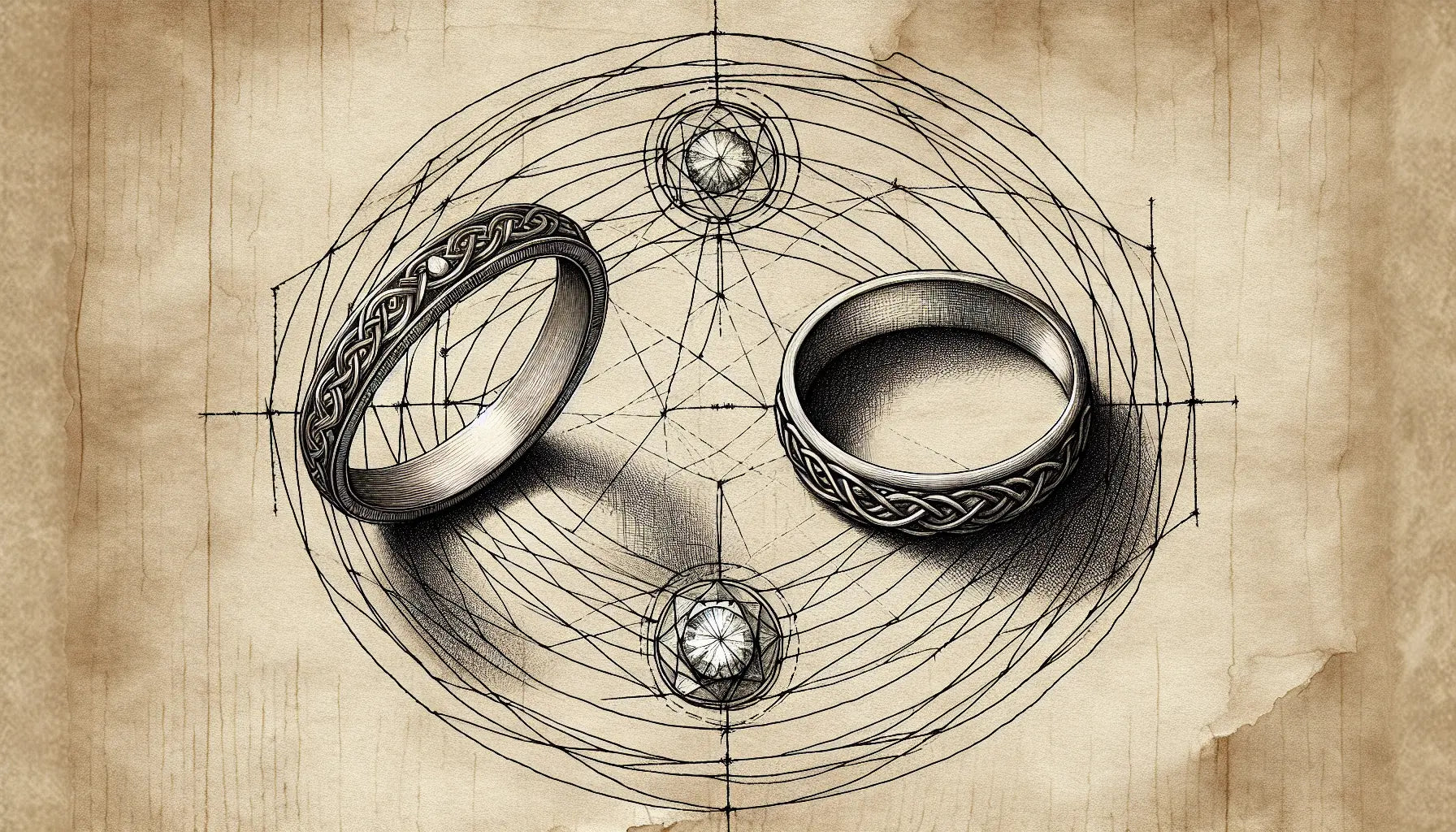 Zwei Ringe eine keltische Hochzeit und ein Diamantring auf altem Papier skizziert