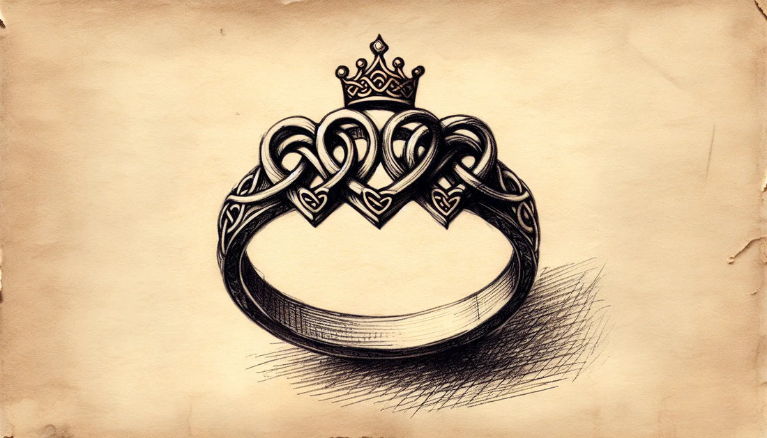 Luckenbooth Ring mit verschlungenen Herzen Krone und keltischen Ornamenten als Bleistiftskizze auf vergilbtem Pergament mit goldenen Akzenten