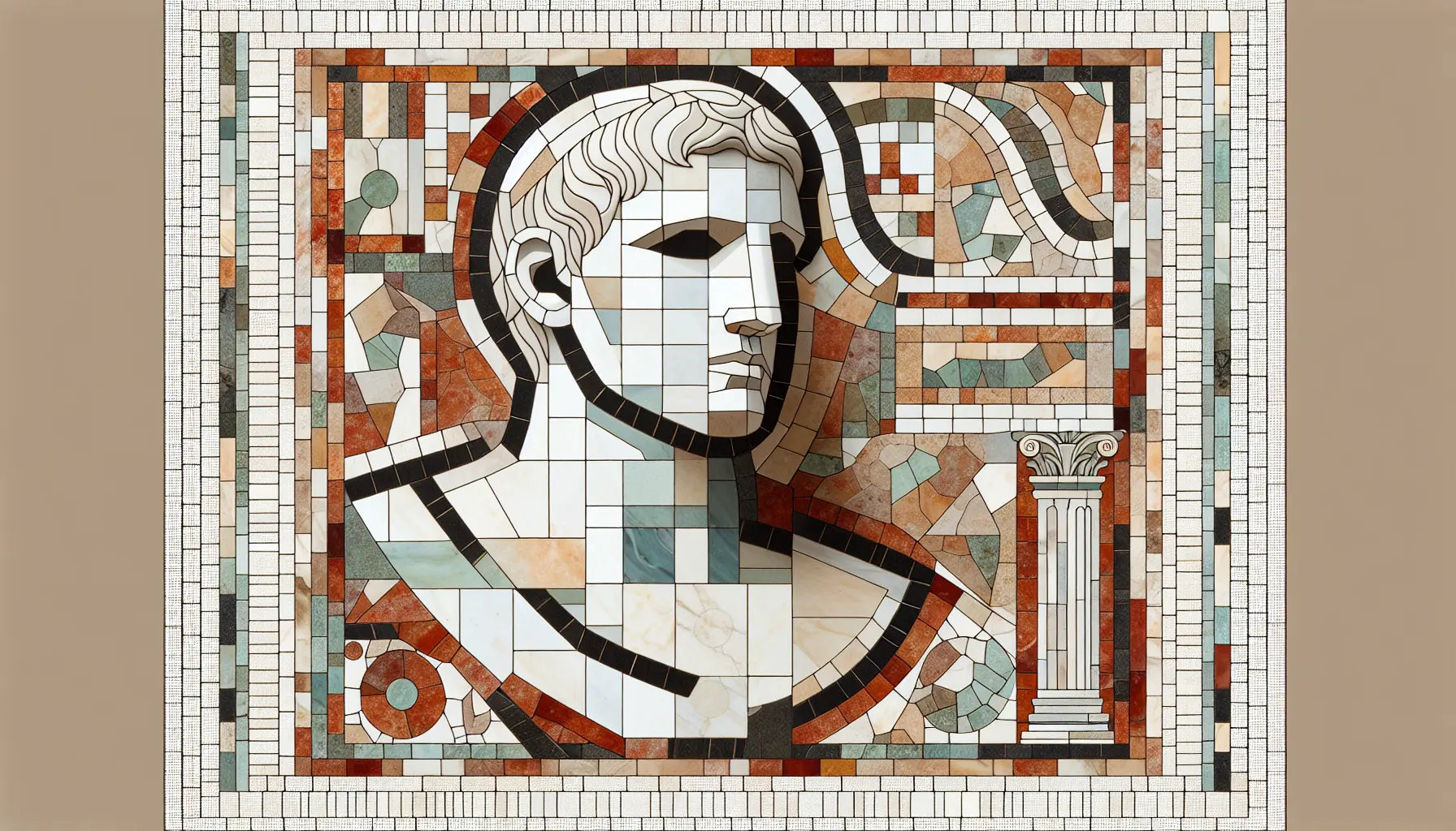 Stilisierte Büste von Augustus als römisches Mosaik mit roten und ockerfarbenen Architekturfragmenten auf hellem terracottaweißem Grund