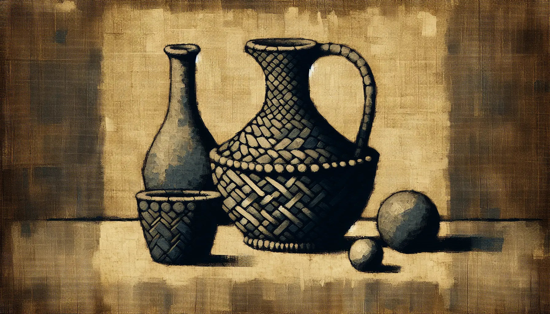 Medieval pottery jug or basket in steel gray on textured warm ivory background with blue and yellow highlights in oil paint style