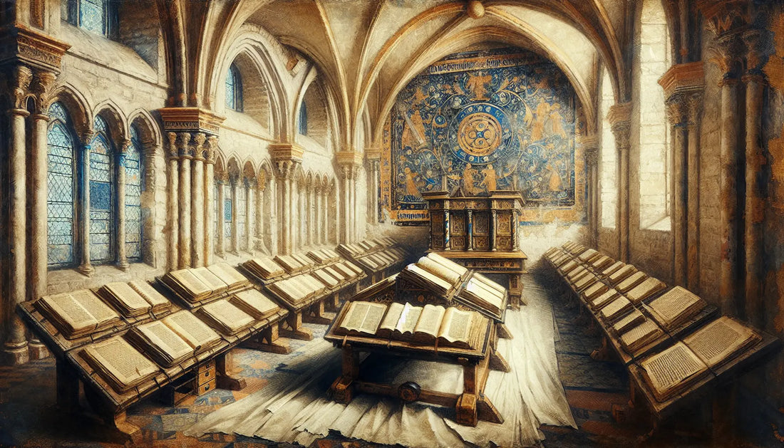 Medieval scriptorium table with manuscripts and quills in rough oil paint style on warm textured background