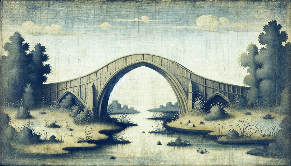 Grob gemalte hölzerne Brücke über Bach mit grünem Umfeld auf hellem Leinenhintergrund