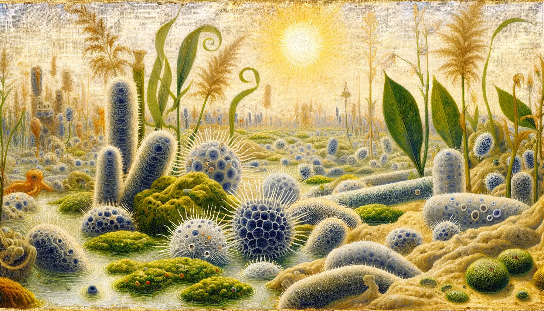 Mittelalterliche Ölmalerei mikroskopische Protisten grüne Algen sonniger Teich warmes Leinen