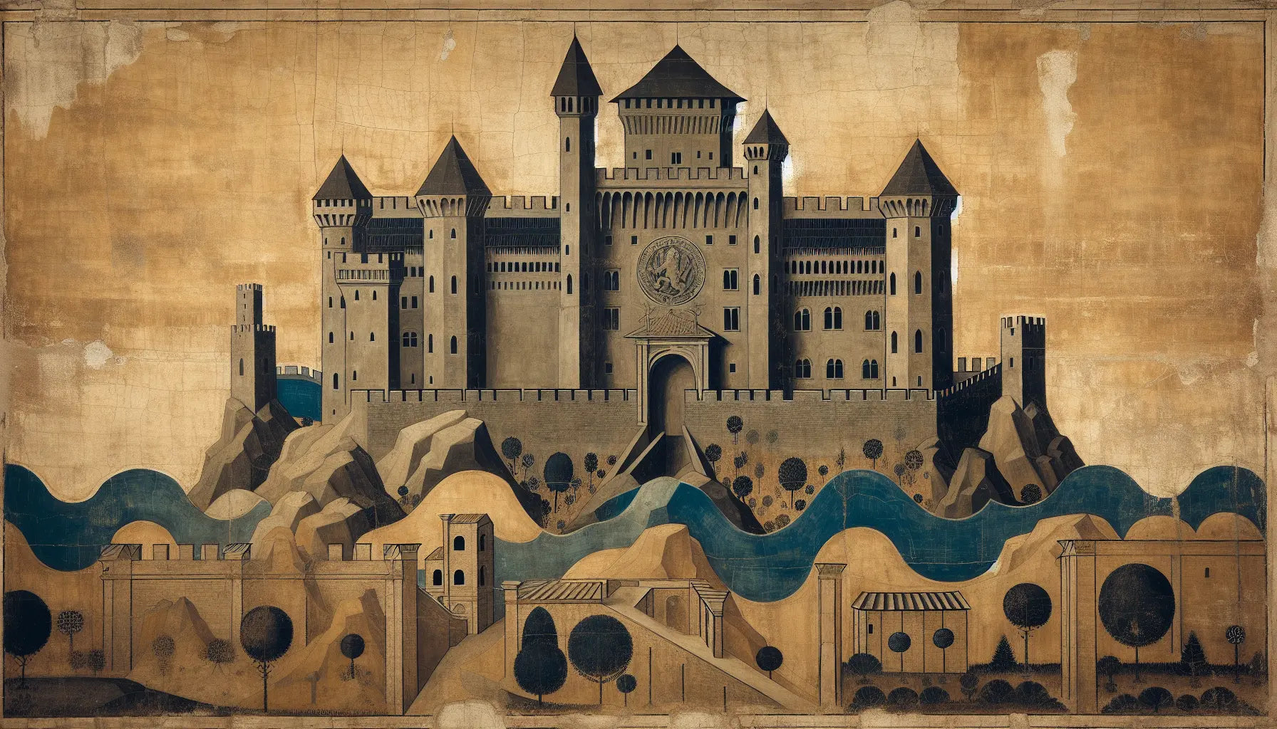 Grob gemaltes mittelalterliches Schloss vor stilisierten Gärten und Wasserflächen auf warmem Grund