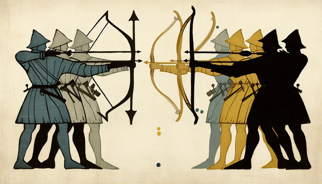 Mittelalterliche Langbogen und Armbrust in Kampfformation grob gemalt