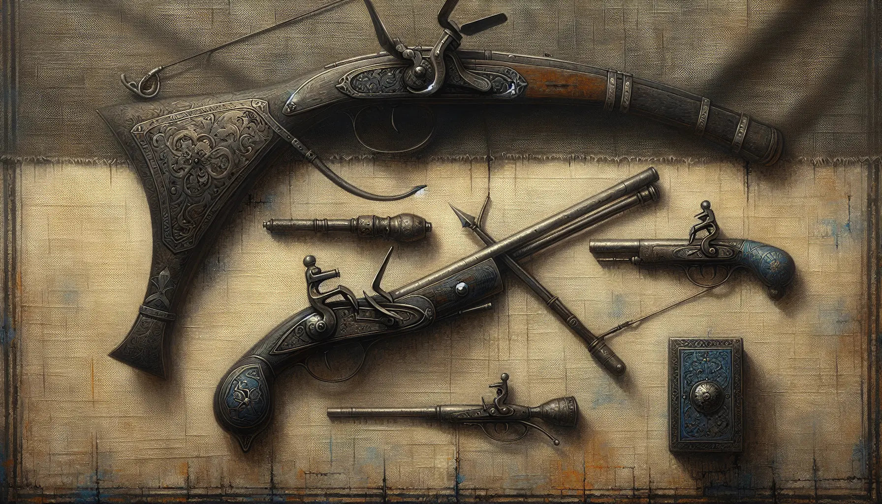 Fein gearbeitete Armbrust und frühe Handfeuerwaffe nebeneinander auf hellem strukturiertem Grund