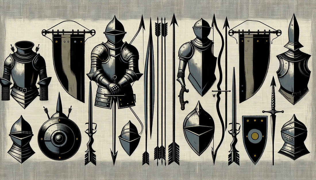 Historische Rüstung und Langbögen mit Pfeilen auf hellem strukturiertem Grund
