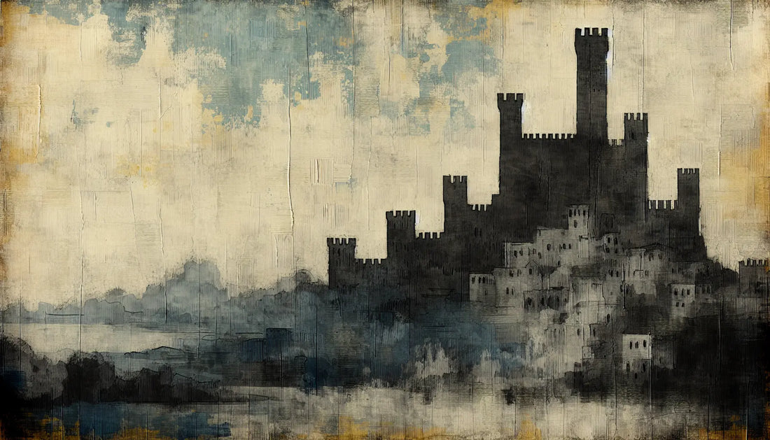 Mittelalterlicher stilisierter Burgumriss mit Nebel angedeutet auf strukturiertem hellem Untergrund