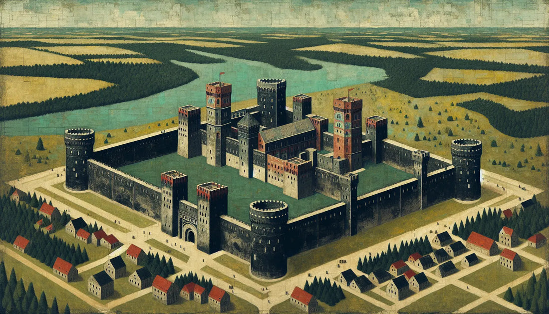 Vogelperspektive auf mittelalterliche Burg mit Mauern Türmen rote Ziegel umgeben von grünem Gelände im Ölmalstil