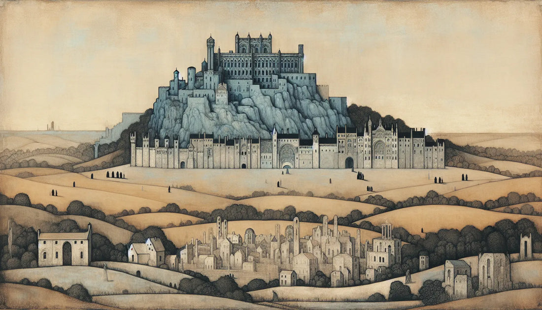 Großes mittelalterliches Schloss mit Feldern im Vordergrund und schemenhafter Stadt im Hintergrund in rauer Ölmalerei