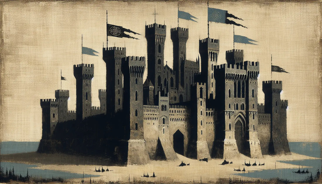 Mittelalterliche Burg mit wassergesäumtem Graben und blauen Fahnen auf hellem grund