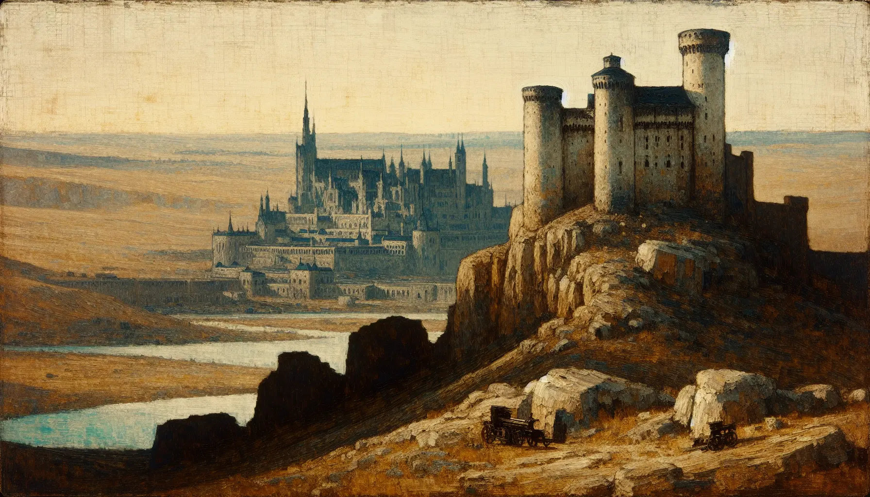 Mittelalterliche Burg auf Hügel mit Steinmauern und fernem Palast im Tal in Ölmalstil