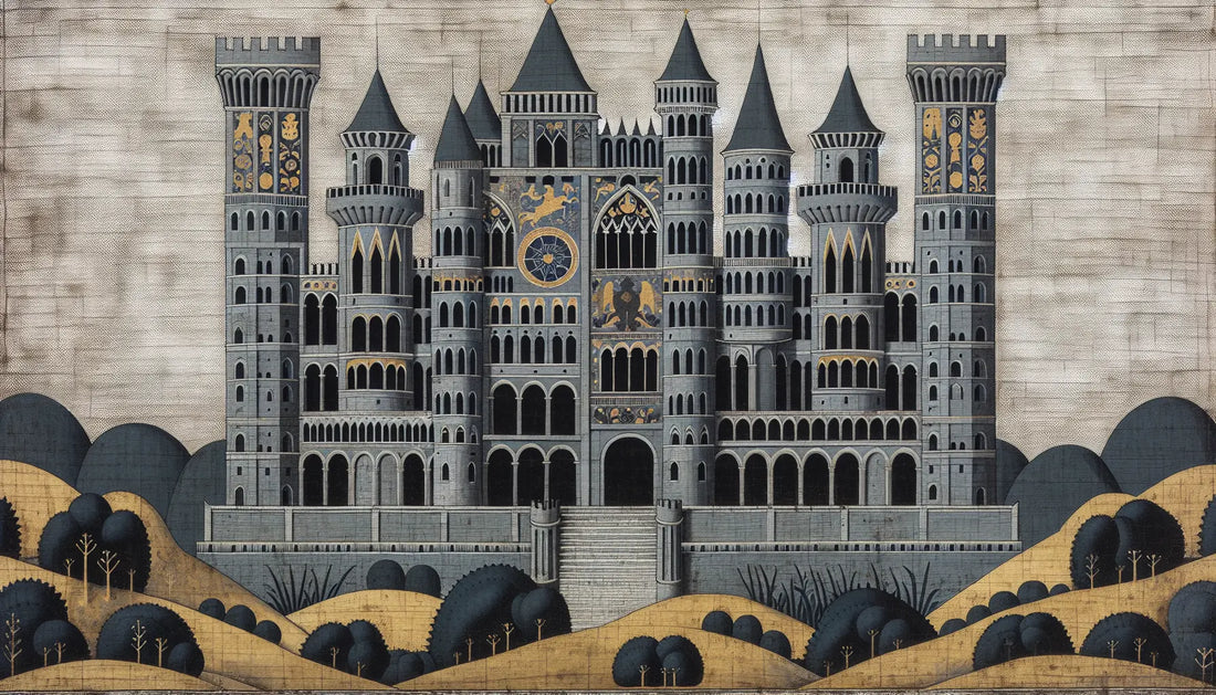 Großes mittelalterliches Burgengebäude stilisiert auf hellem strukturiertem Hintergrund mit Gartenmotiven