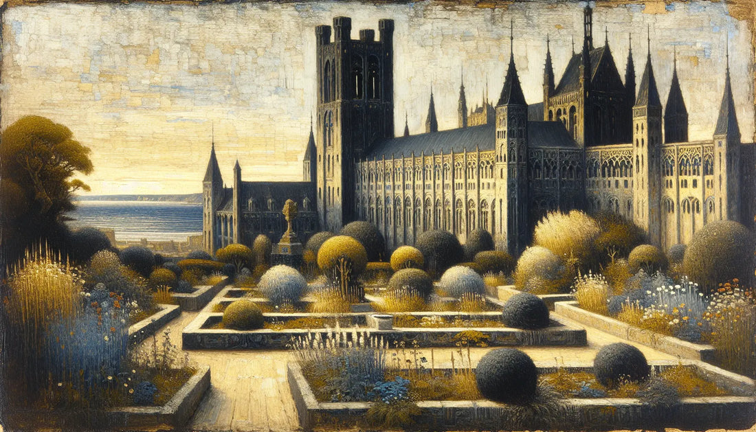 Mittelalterliche Gartenszene mit Burg und Meer im Hintergrund in Öl auf hellem Leinen