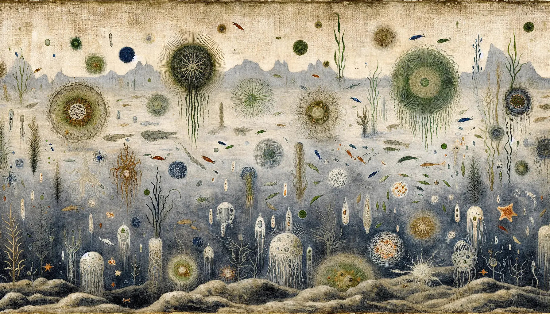 Stille Unterwasserszene mit mikroskopischen Algen als grobe Ölmalerei in Stahlgrau Blau und Gelb auf hellem Grund