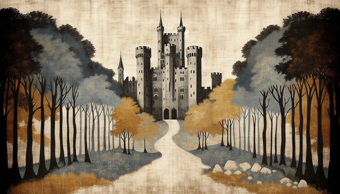 Mittelalterlicher Weg mit Burg und herbstlicher Vegetation in rauer Ölmalerei